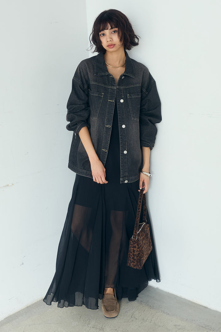 [SET]デニムオーバーサイズジャケット+シアーフリルキャミワンピース(2set)