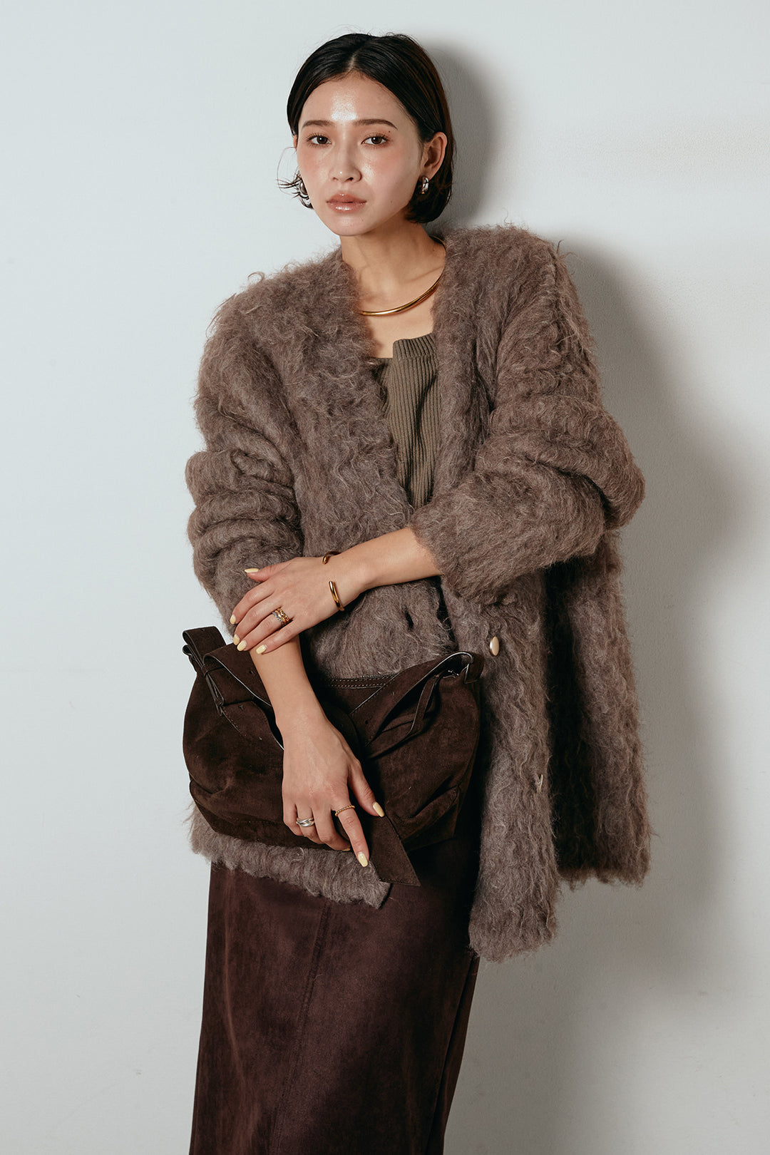 [SET]ウェーブシャギーニットジャケット+スウェードライク裾フリンジスカート(2set)