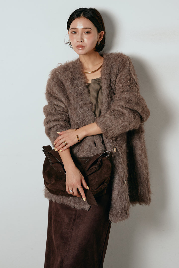 [SET]ウェーブシャギーニットジャケット+スウェードライク裾フリンジスカート(2set)