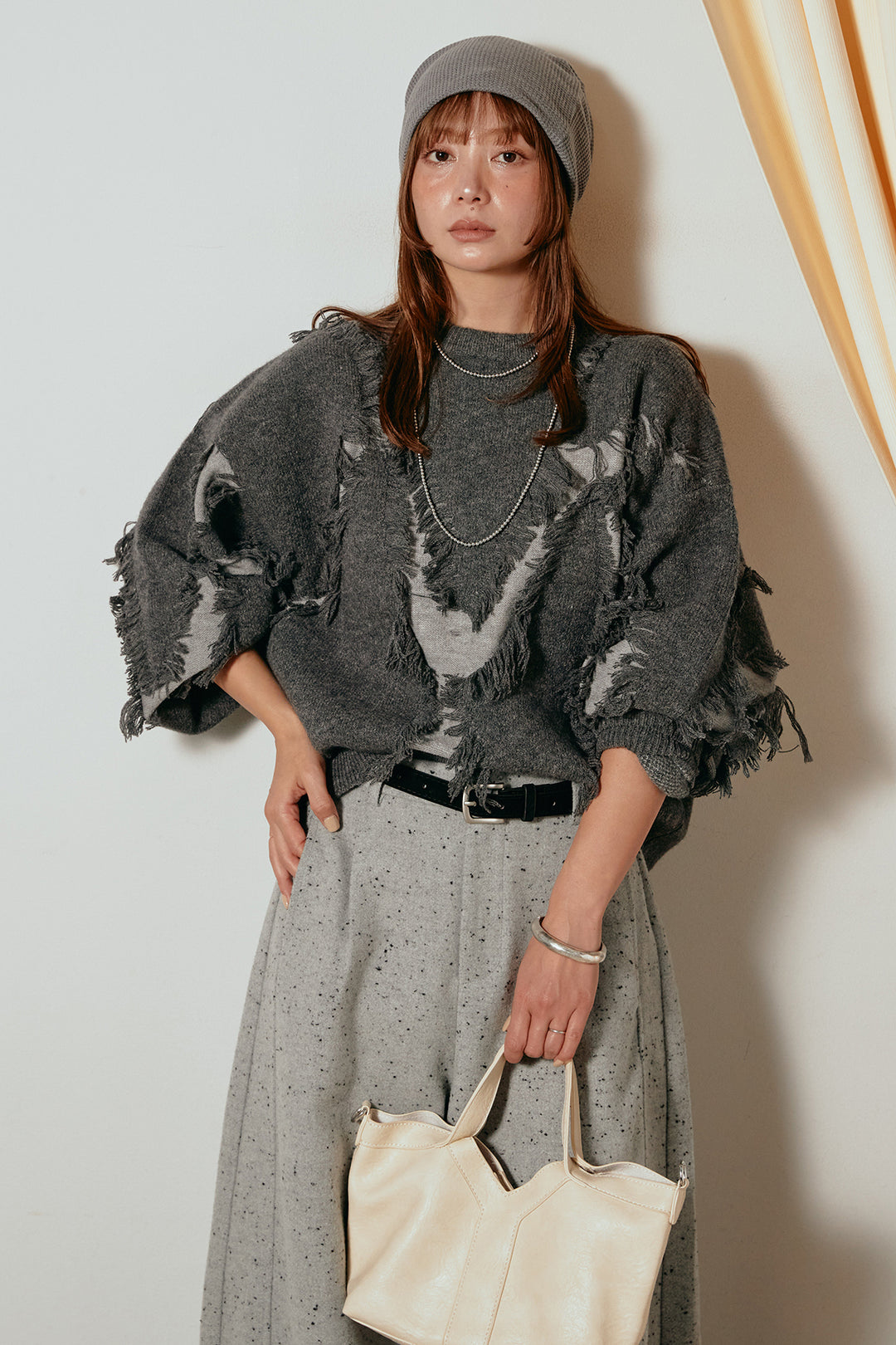 [SET]シャギージャガードニットトップス+ベルト付きネップツイードカーブパンツ(2set)