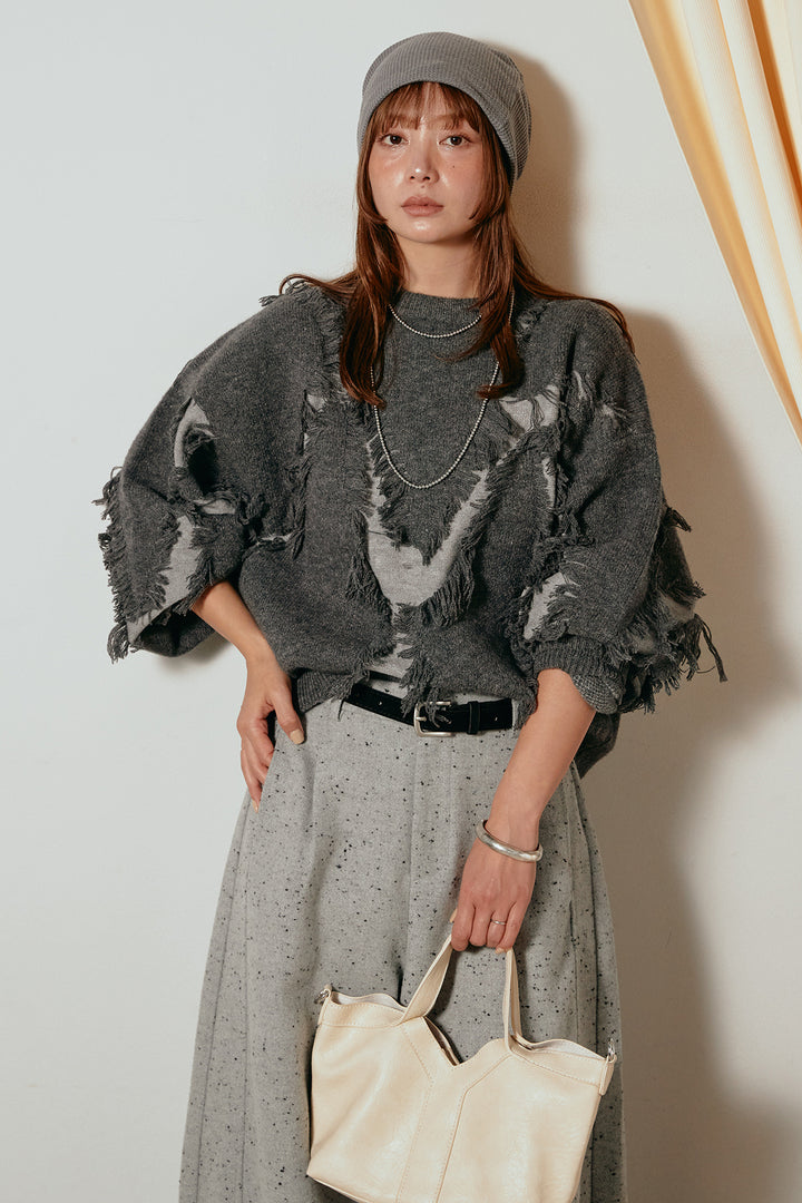 [SET]シャギージャガードニットトップス+ベルト付きネップツイードカーブパンツ(2set)