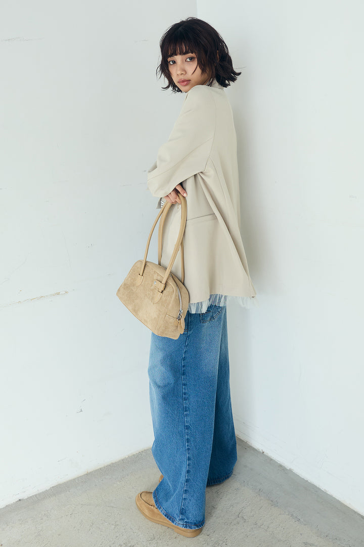 [SET]裾フリルダブルジャケット+デニムサロペットワイドパンツ(2set)