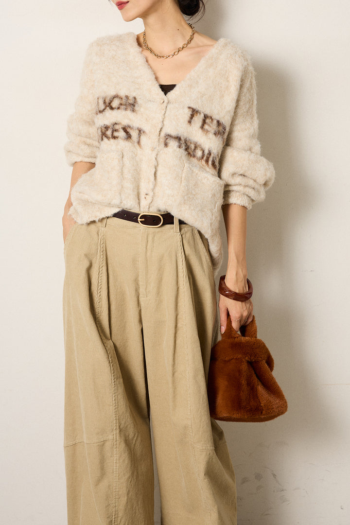 [SET]ウール混透かしロゴニットカーディガン+タック入りコーデュロイワイドパンツ(2set)