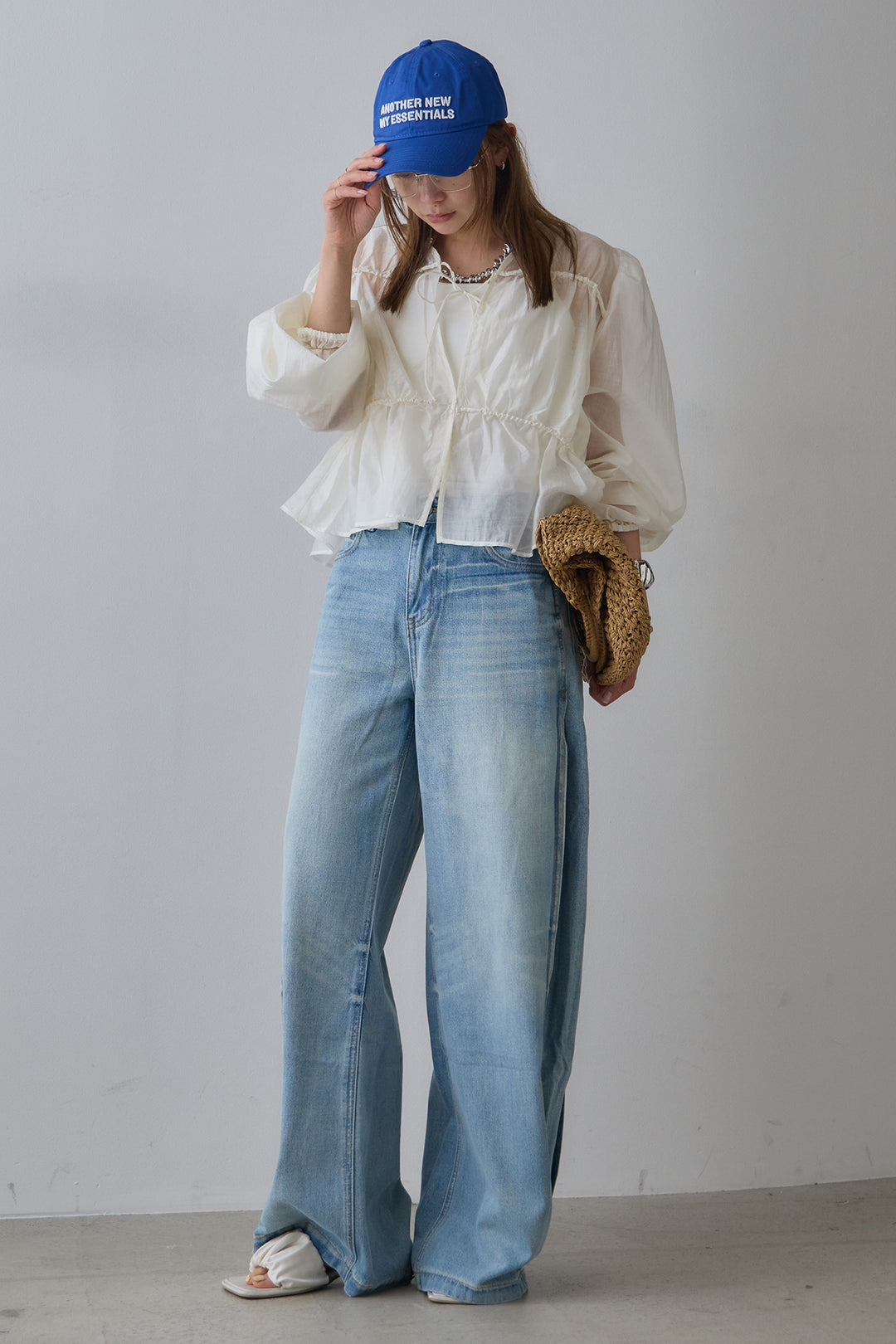 [SET]ウエストドロストシフォンブラウス+ストレートデニムパンツ(2set)