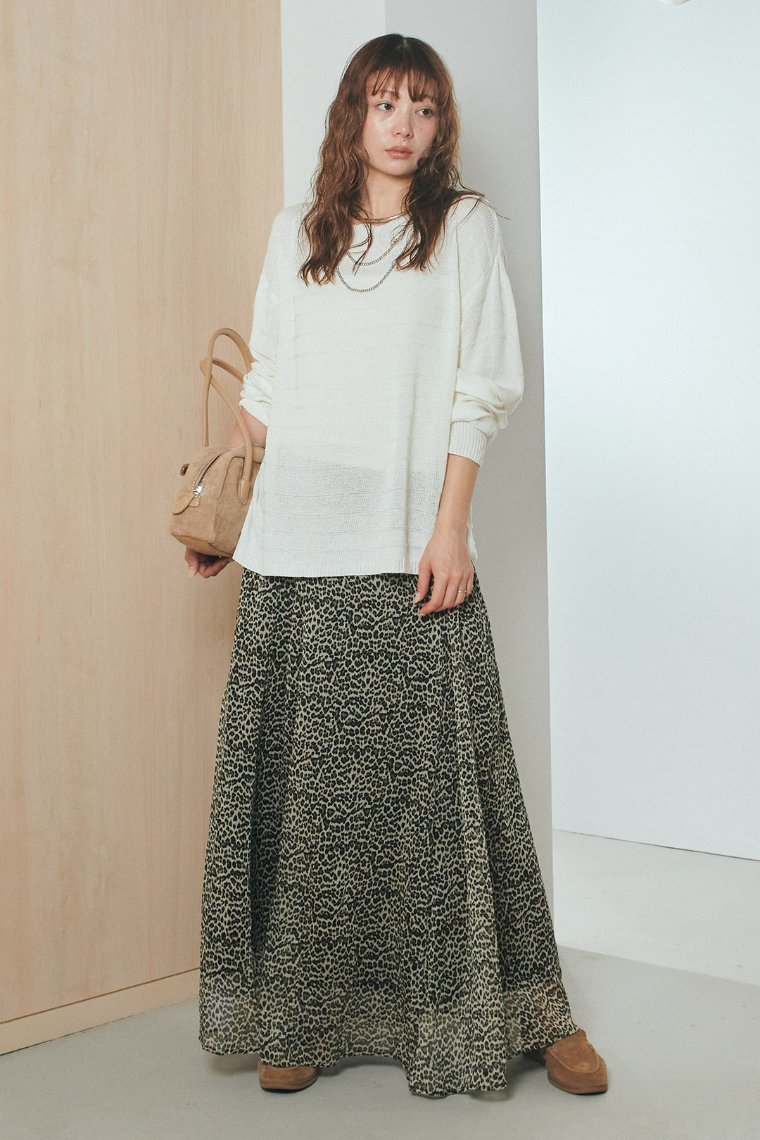[SET]麻混リラックスニットトップス+リラックスレオパードロングスカート(2set)