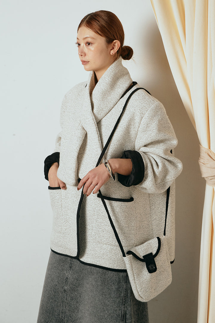 [SET]ノーカラーマフラーバッグ付きアウター+デニムロングフレアスカート(2set)