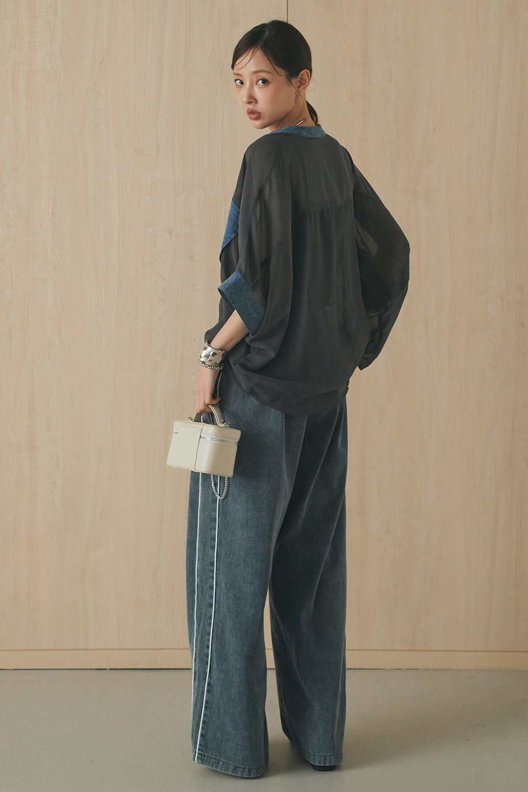 [SET]デニムライクビッグツーポケシアーシャツ+ドロストサイドラインデニムパンツ(2set)