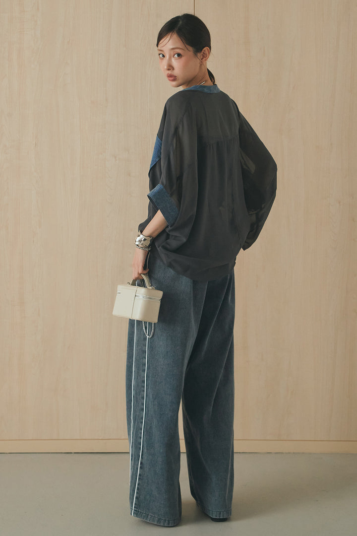[SET]デニムライクビッグツーポケシアーシャツ+ドロストサイドラインデニムパンツ(2set)