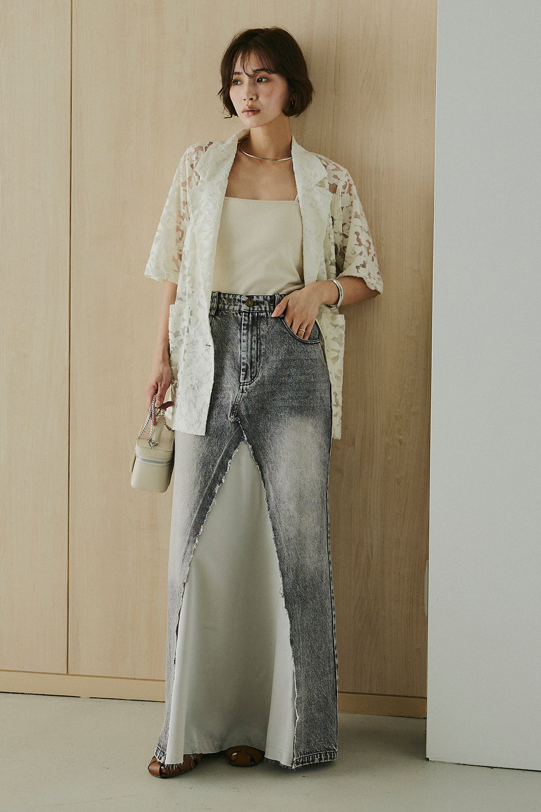 [SET]シアージャガードハーフスリーブテーラードジャケット+サテン切り替えデニムスカート(2set)