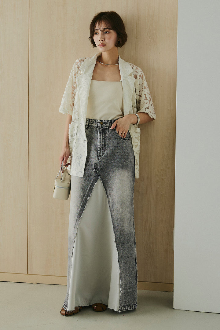 [SET]シアージャガードハーフスリーブテーラードジャケット+サテン切り替えデニムスカート(2set)