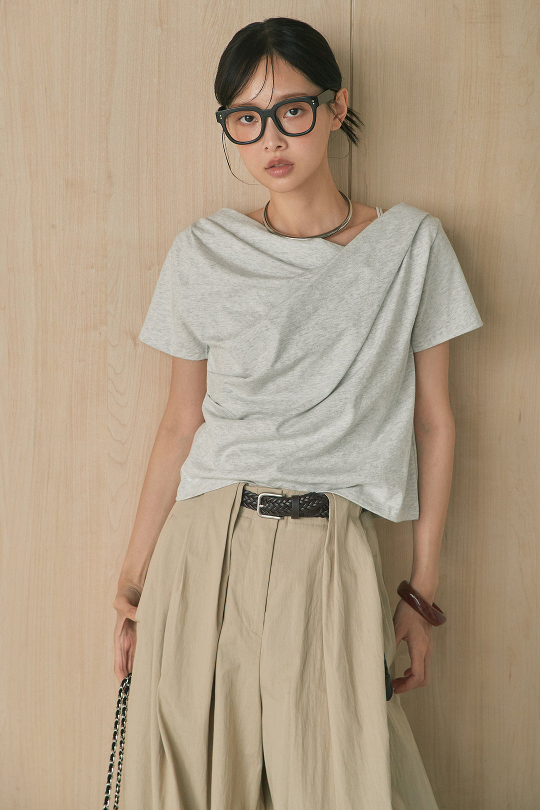 [SET]綿天竺半袖オフショルTシャツ+ニーサイドタックボリュームカーブパンツ(2set)