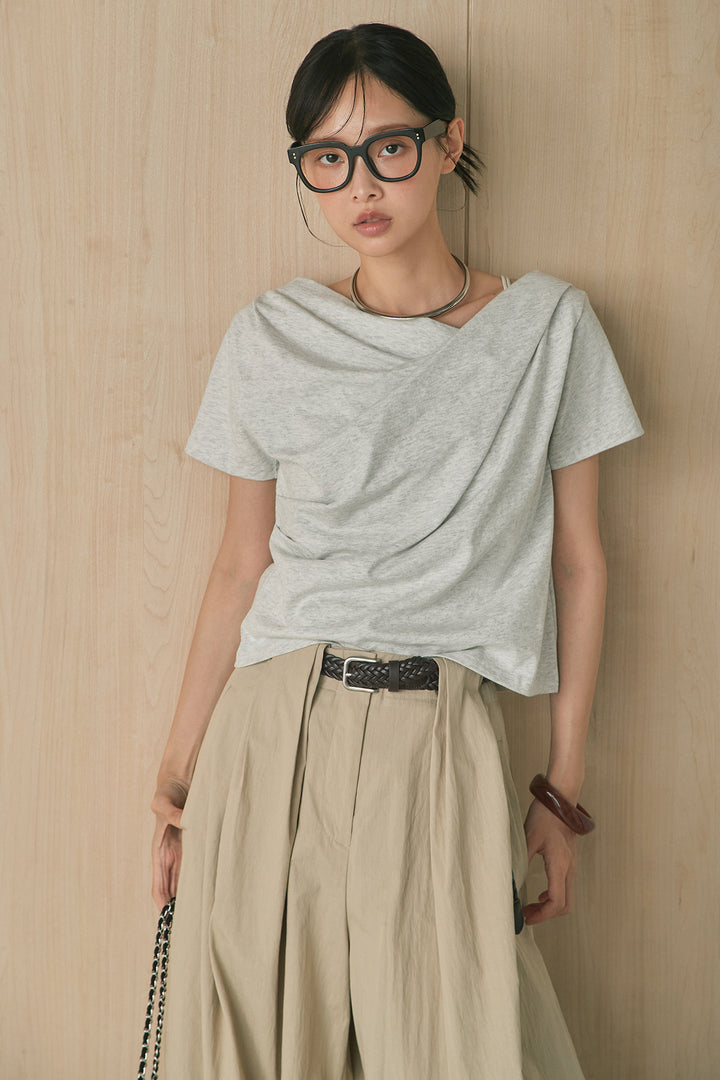 [SET]綿天竺半袖オフショルTシャツ+ニーサイドタックボリュームカーブパンツ(2set)