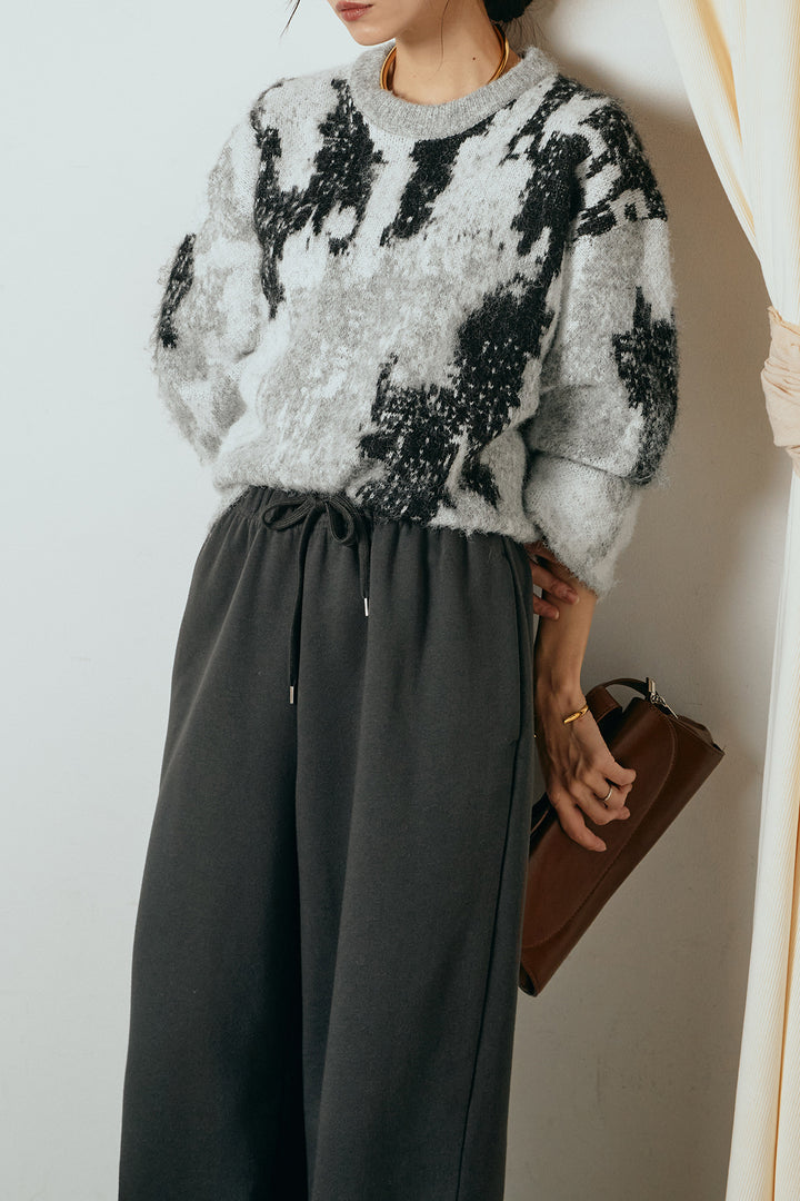 [SET]起毛ニュアンス柄ニットプルオーバー+裏起毛スウェットワイドパンツ(2set)
