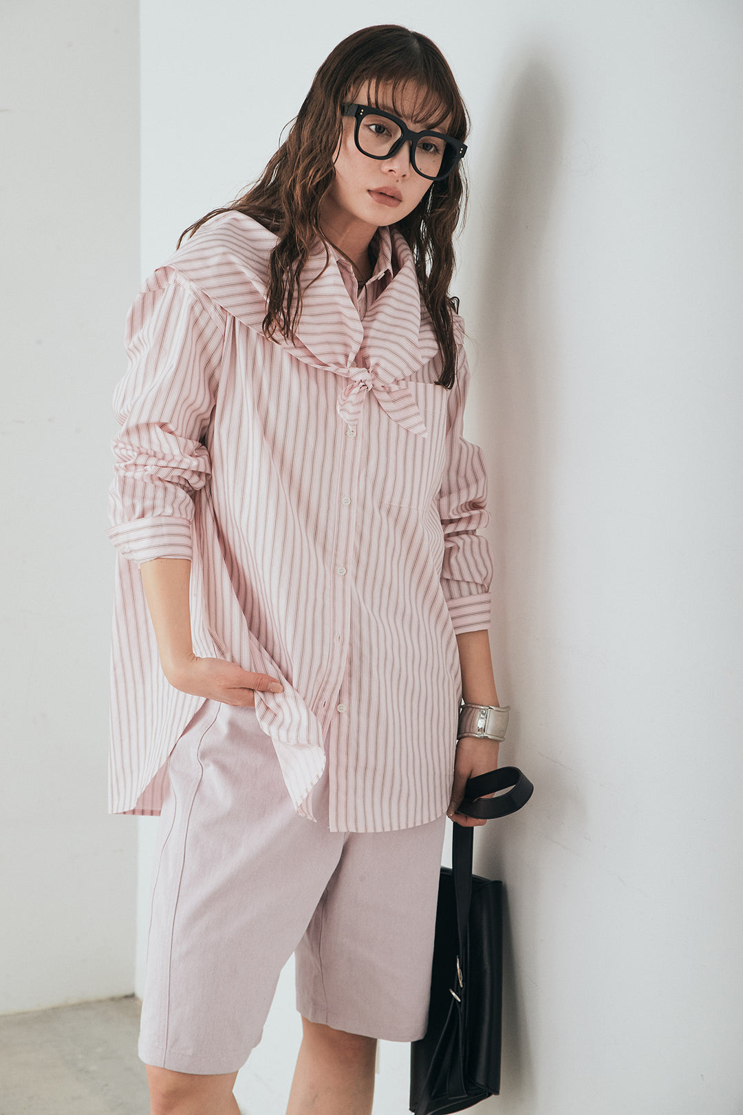 [SET]ランダムストライプスカーフ付きシャツ+デニムハーフパンツ(2set)