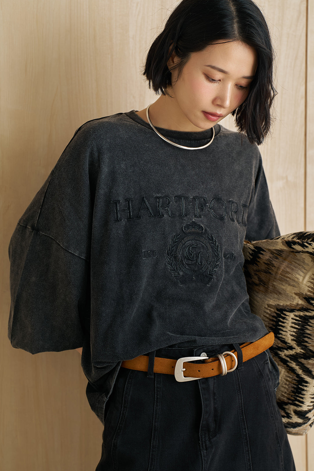 [SET]袖ボリュームHARTFORD刺繍Tシャツ+切替デニムロングスカート(2set)