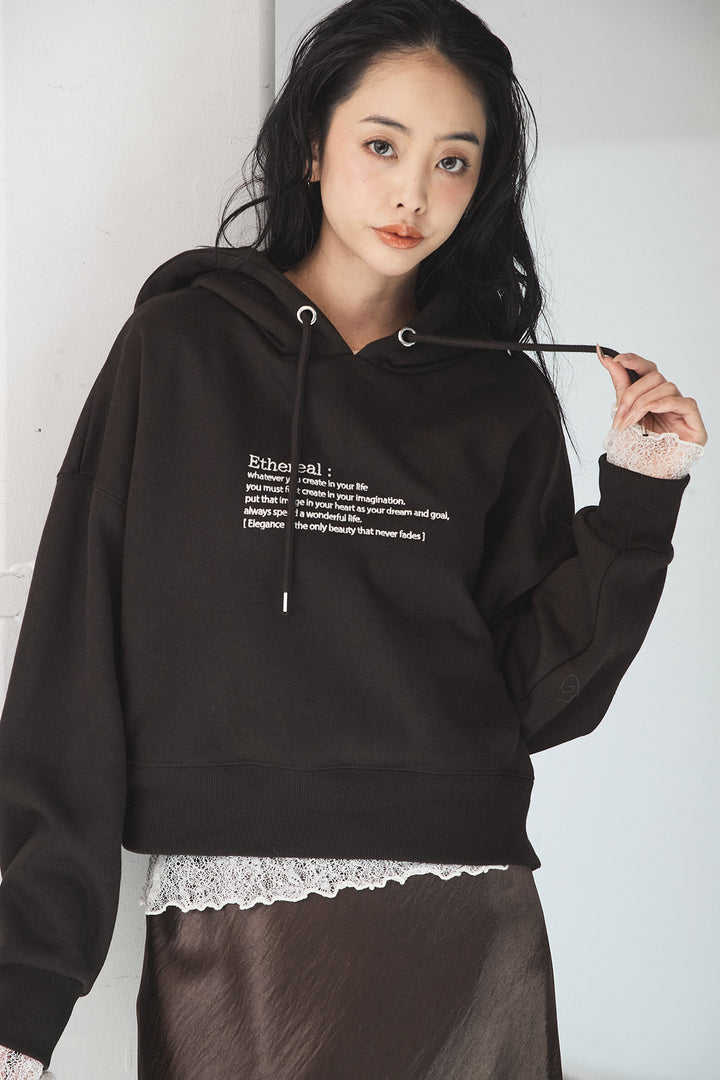 [SET]裏起毛レタリング刺繍フーディショートプルオーバー+ストレッチレースクルーネックインナー(2set)