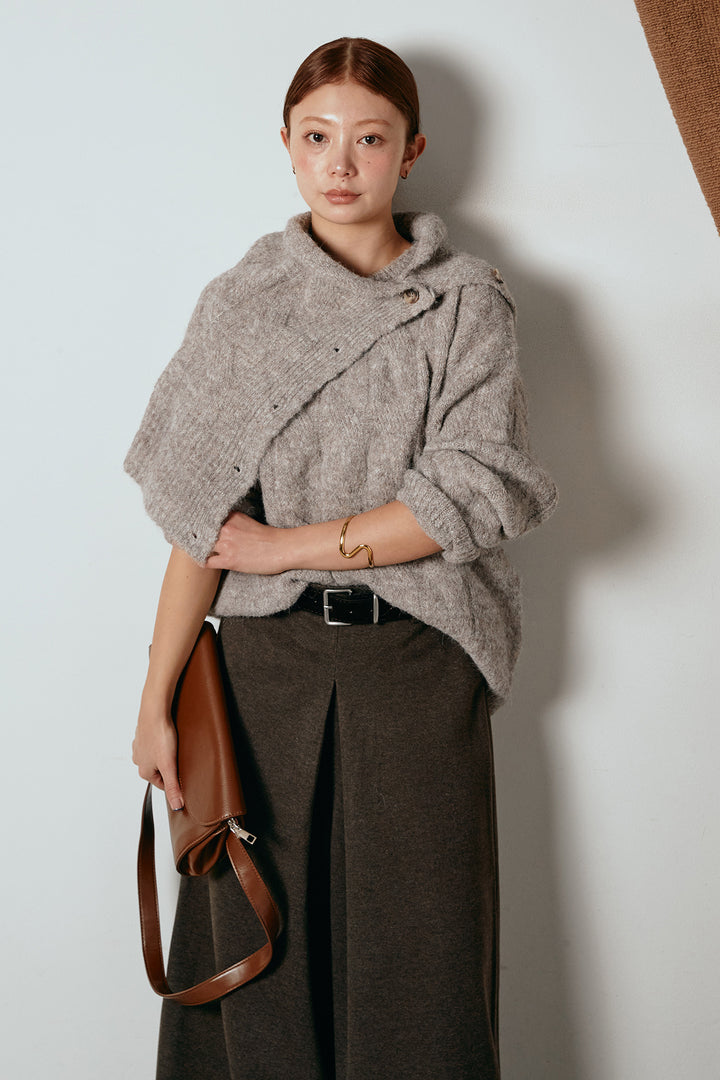 [SET]ケープデザインケーブルニットトップス+ベルト付きフロントタックデザインパンツ(2set)