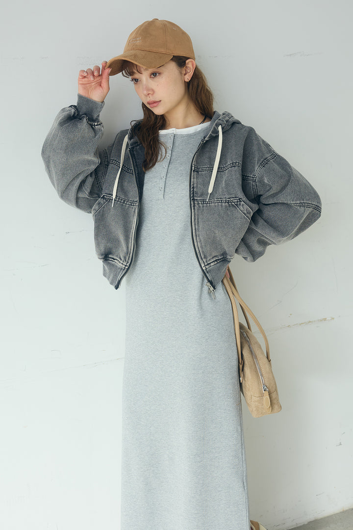 [SET]デニムダブルジップパーカーブルゾン+レイヤード見えヘンリーネックロングワンピース(2set)