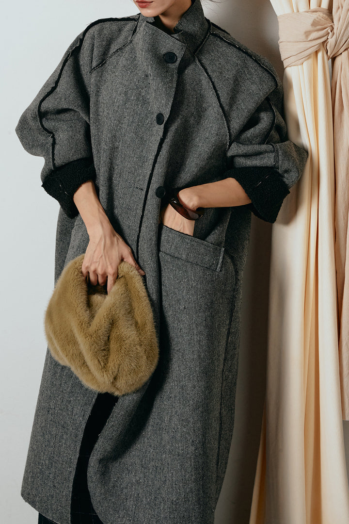 [SET]裏地ボアハイネックロングアウター+ウールライクチェックタックパンツ(2set)