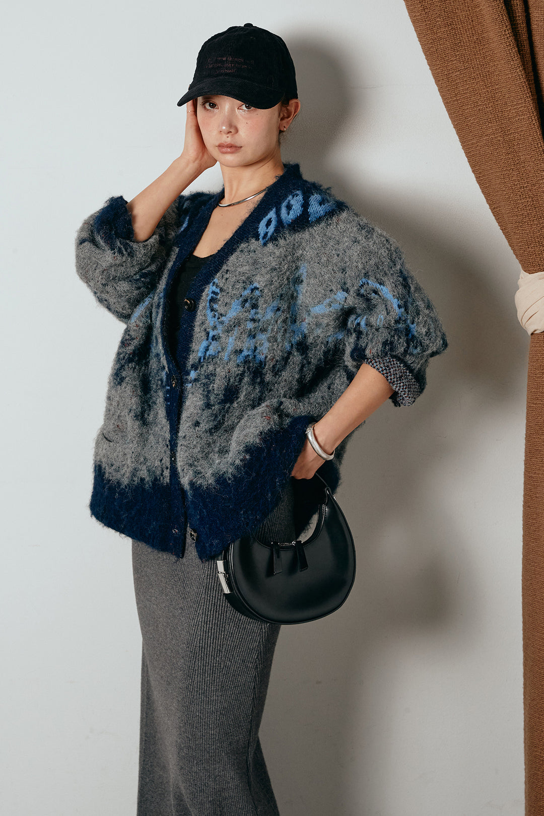 [SET]シャギーニュアンス柄ニットカーディガン+リブナローニットスカート(2set)