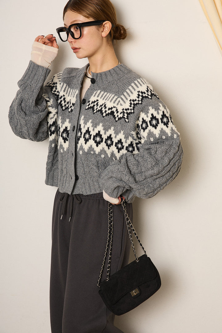 [SET]2WAY求心柄ジャガードショートカーディガン+裏起毛スウェットワイドパンツ+2WAY袖コード刺繍クルーネックプルオーバー(3set)