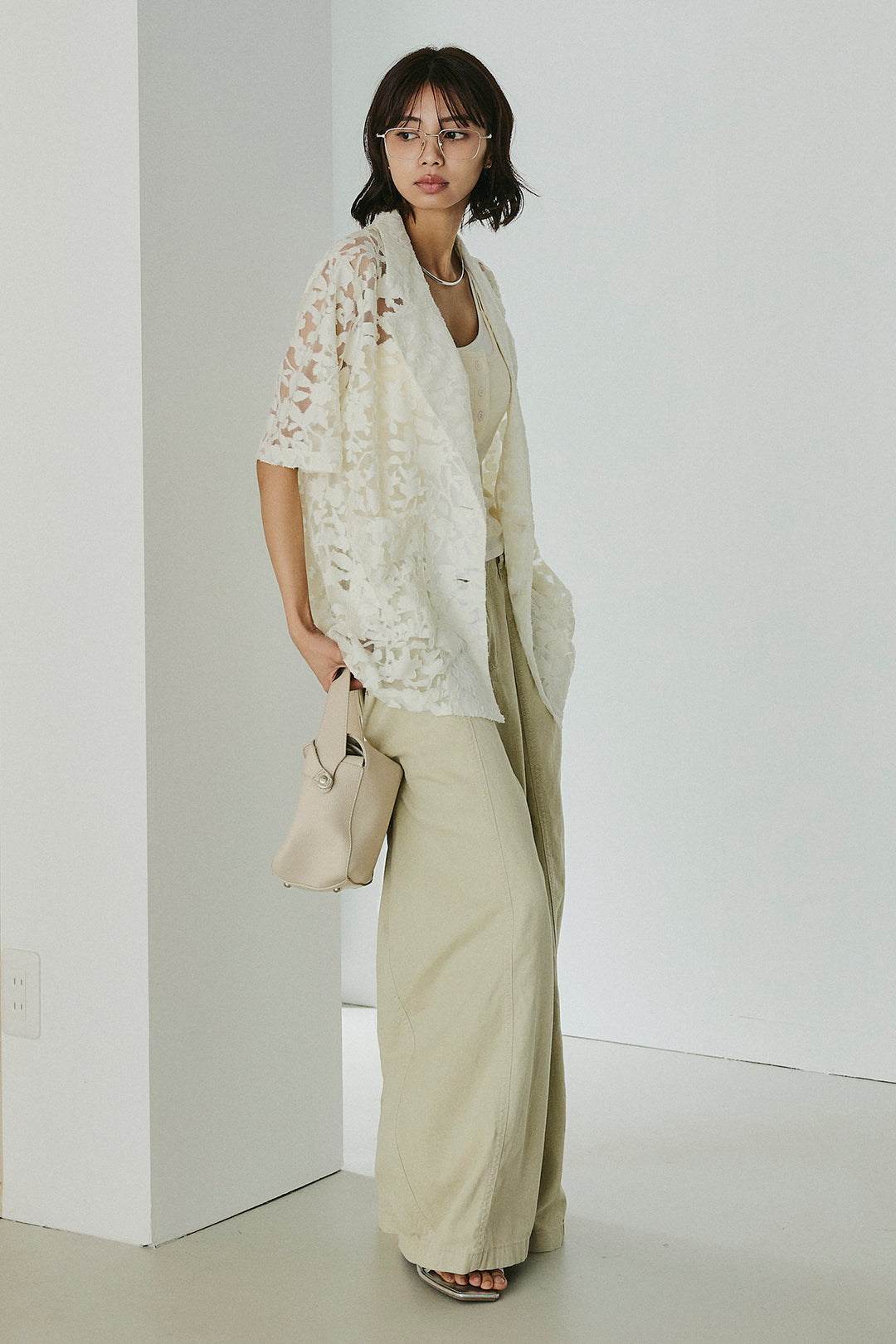 [SET]シアージャガードハーフスリーブテーラードジャケット+サイドベルトカーブワイドパンツ+配色ヘンリーネックタンクトップ(3set)