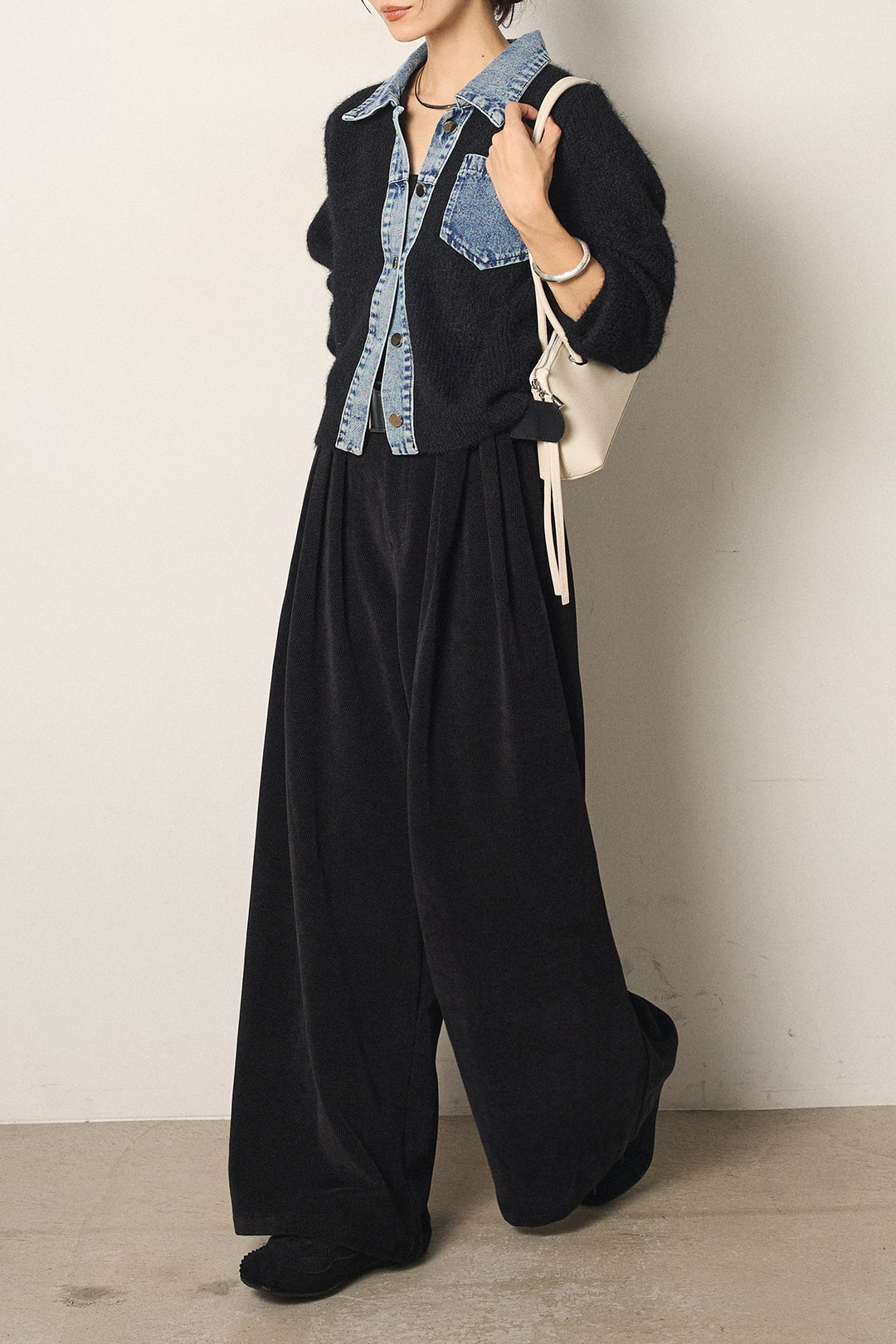 [SET]襟付きデニム切替ニットカーディガン+ベルトループコーデュロイワイドパンツ(2set)