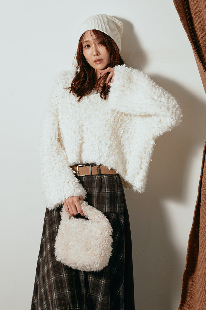[SET]深Vネックチョウチョヤーンニットトップス+フェイクレザーベルト付き切り替えタータンチェックスカート(2set)