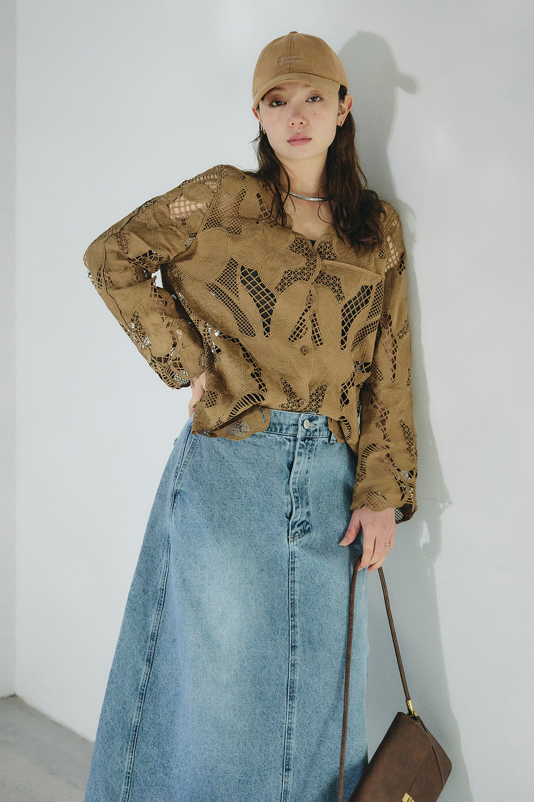 [SET]フラワー刺繍レースブラウス+デニムロングフレアスカート(2set)