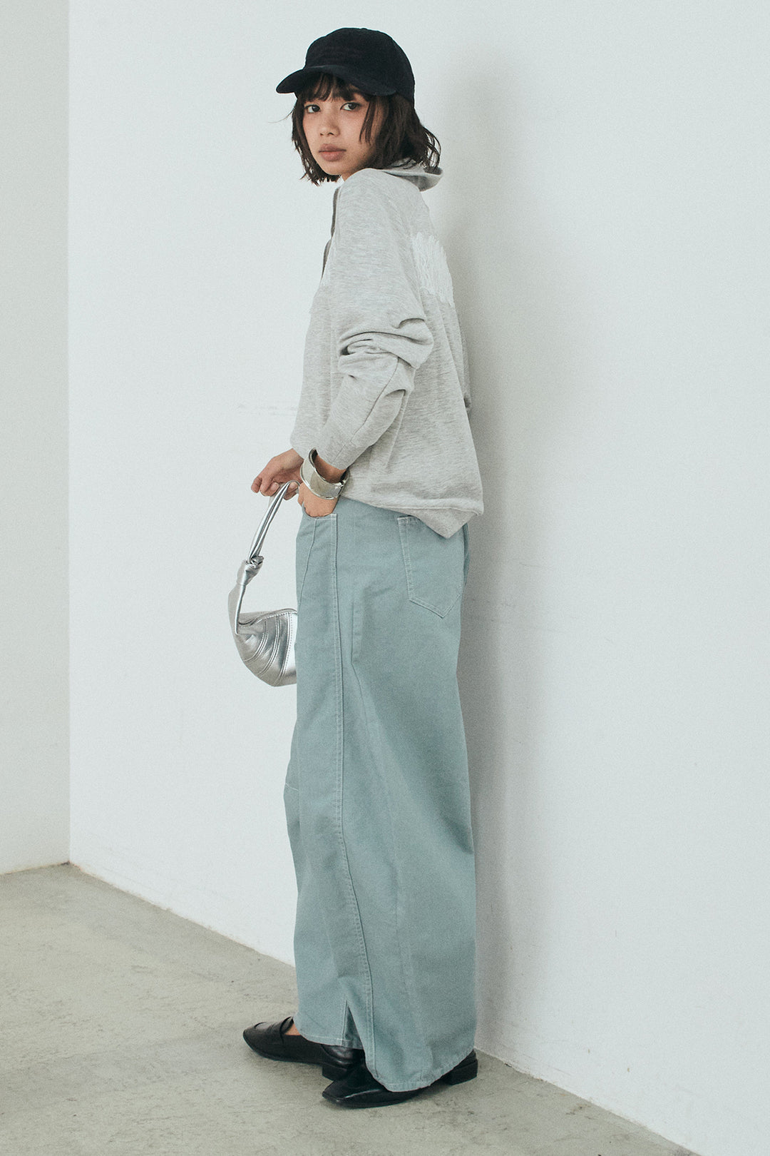 [SET]リバーレースハーフジップ裏毛スウェット+ツイル配色ステッチバレルパンツ(2set)