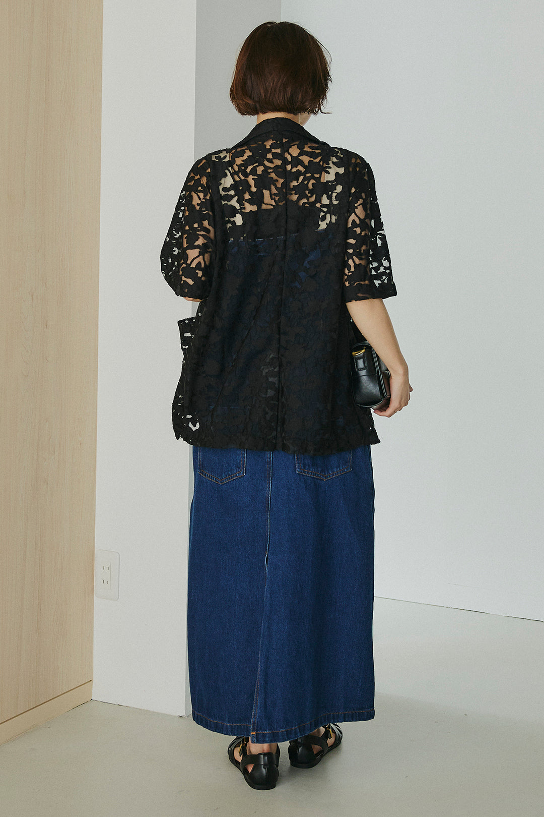 [SET]シアージャガードハーフスリーブテーラードジャケット+配色ショルダーデニムサロペットスカート(2set)