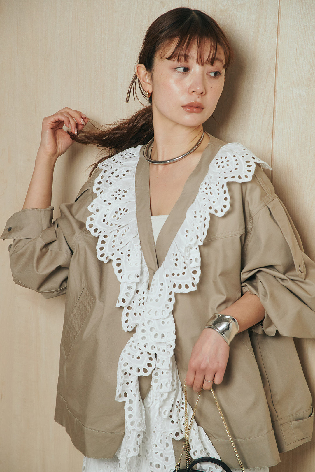 [SET]レースフリルドッキングアウター+レース刺繍リラックスパンツ(2set)