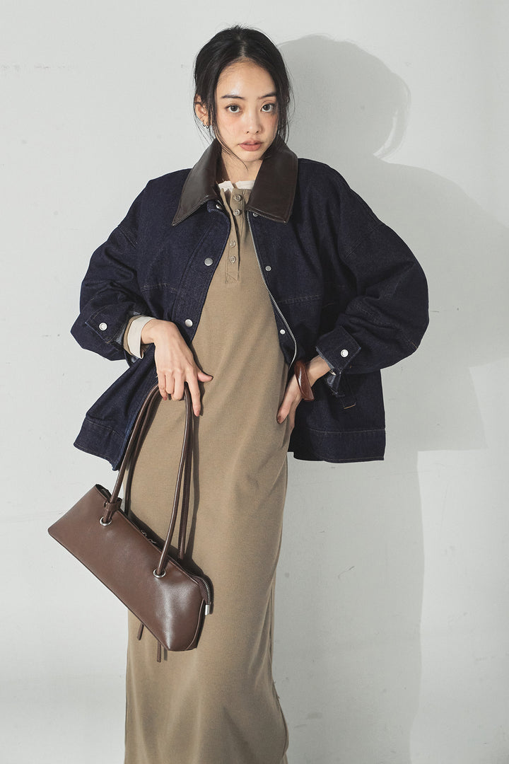 [SET]加工デニムレザー襟付きデニムブルゾン+カットリブレイヤードヘンリーネックワンピース(2set)