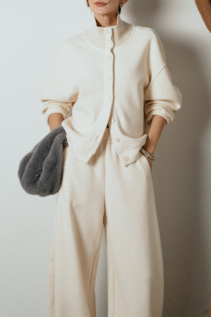 [SET]リブスタンドネックボタントップスSETUP