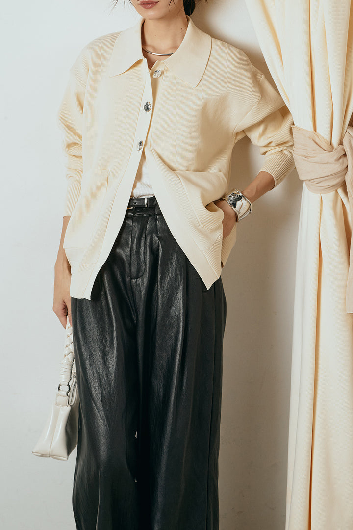 [SET]メタル釦衿付きニットカーディガン+ベルト付きレザーライクタックパンツ(2set)