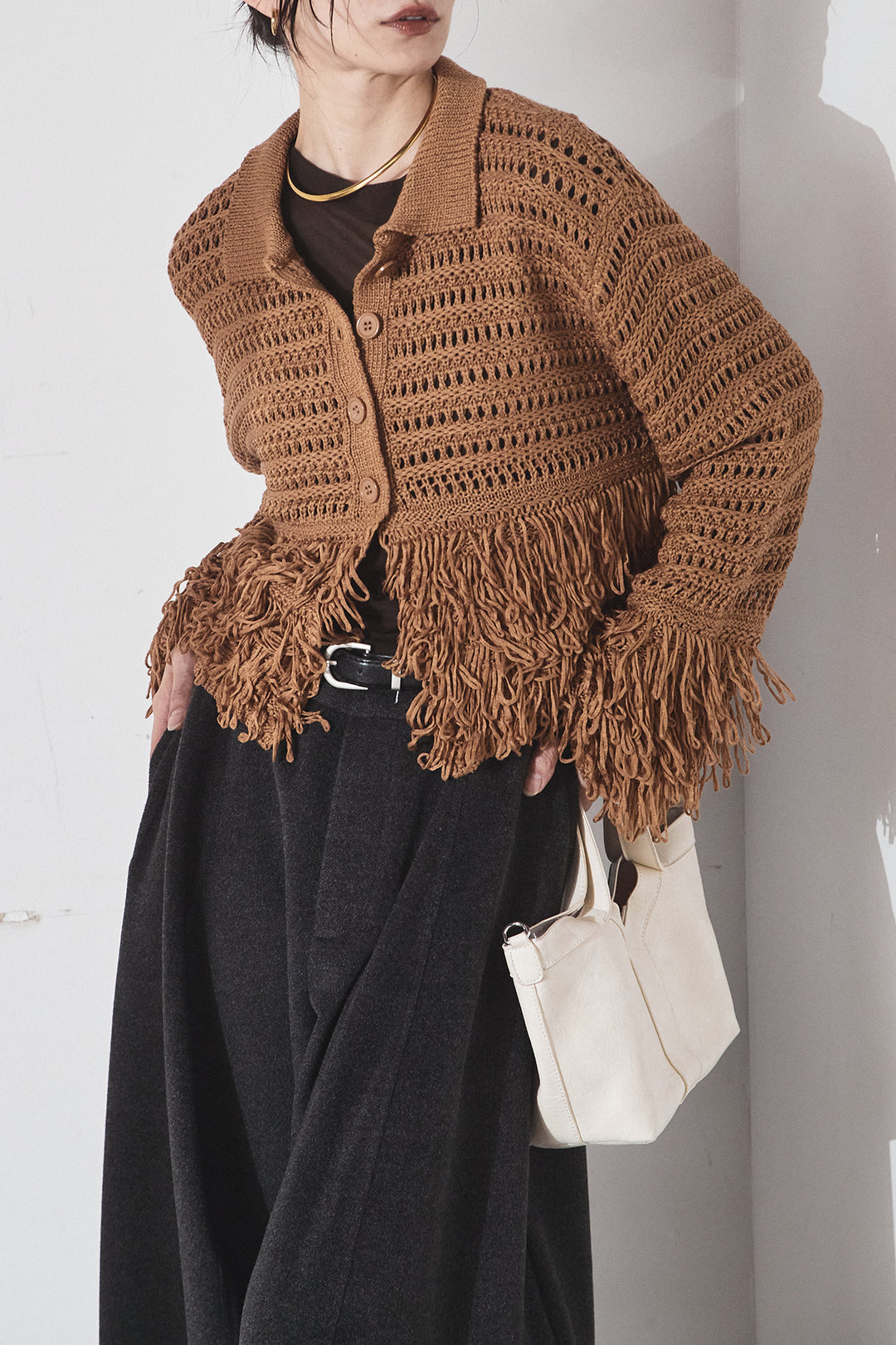 [SET]メッシュフリンジカーディガン+ウールタッチカーブワイドパンツ(2set)