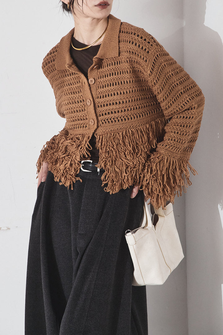 [SET]メッシュフリンジカーディガン+ウールタッチカーブワイドパンツ(2set)
