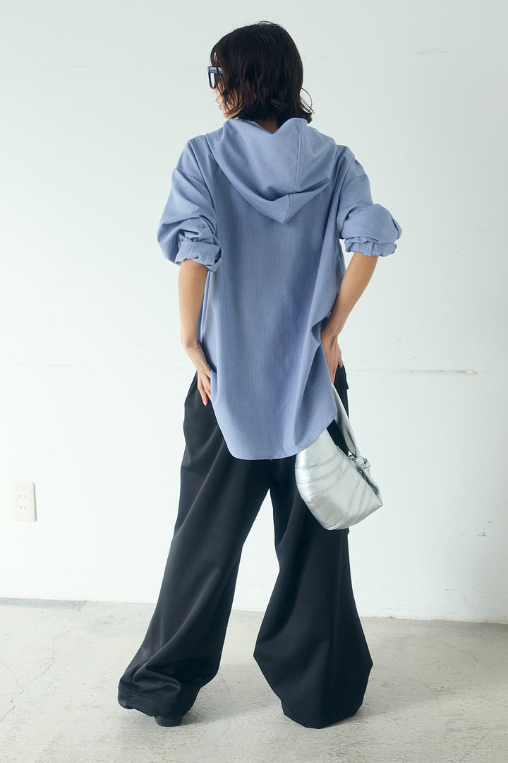 [SET]無地タイ付フーディーBIGシャツ+ランダムタックデザインワイドパンツ(2set)