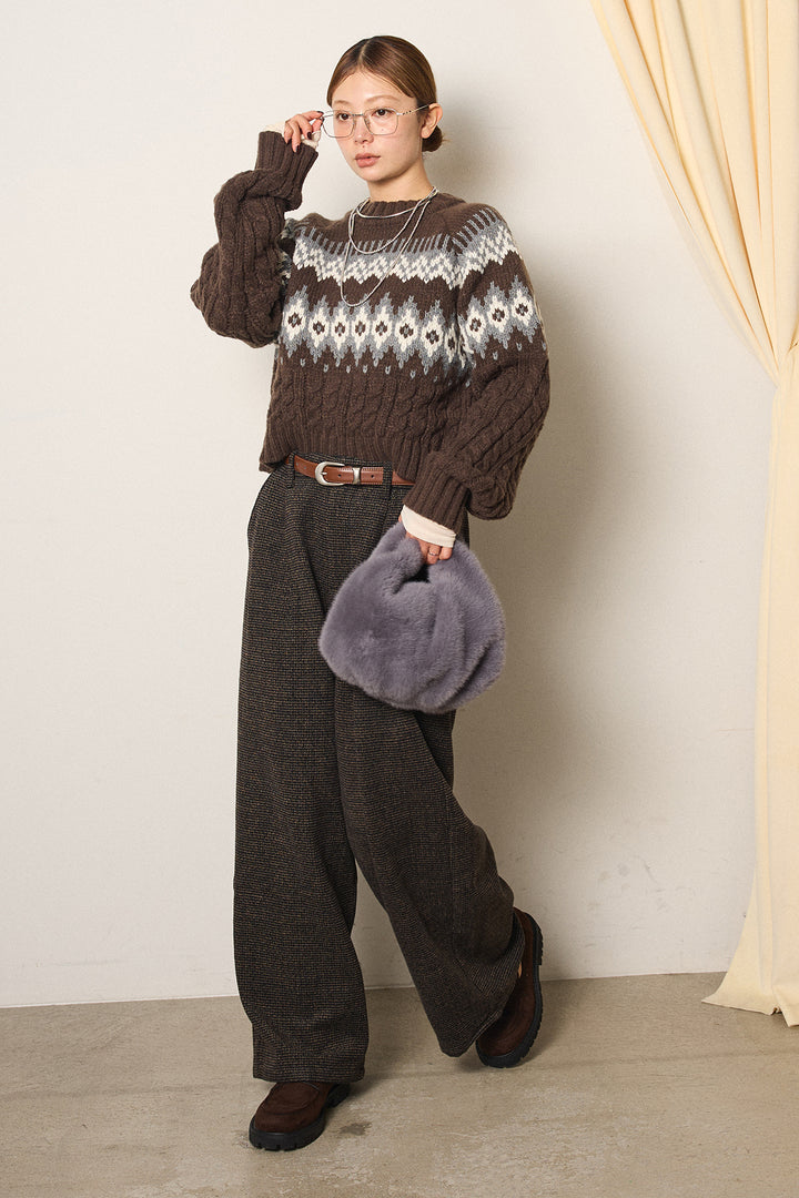 [SET]2WAY求心柄ジャガードショートカーディガン+起毛タック入りツイードワイドパンツ(2set)