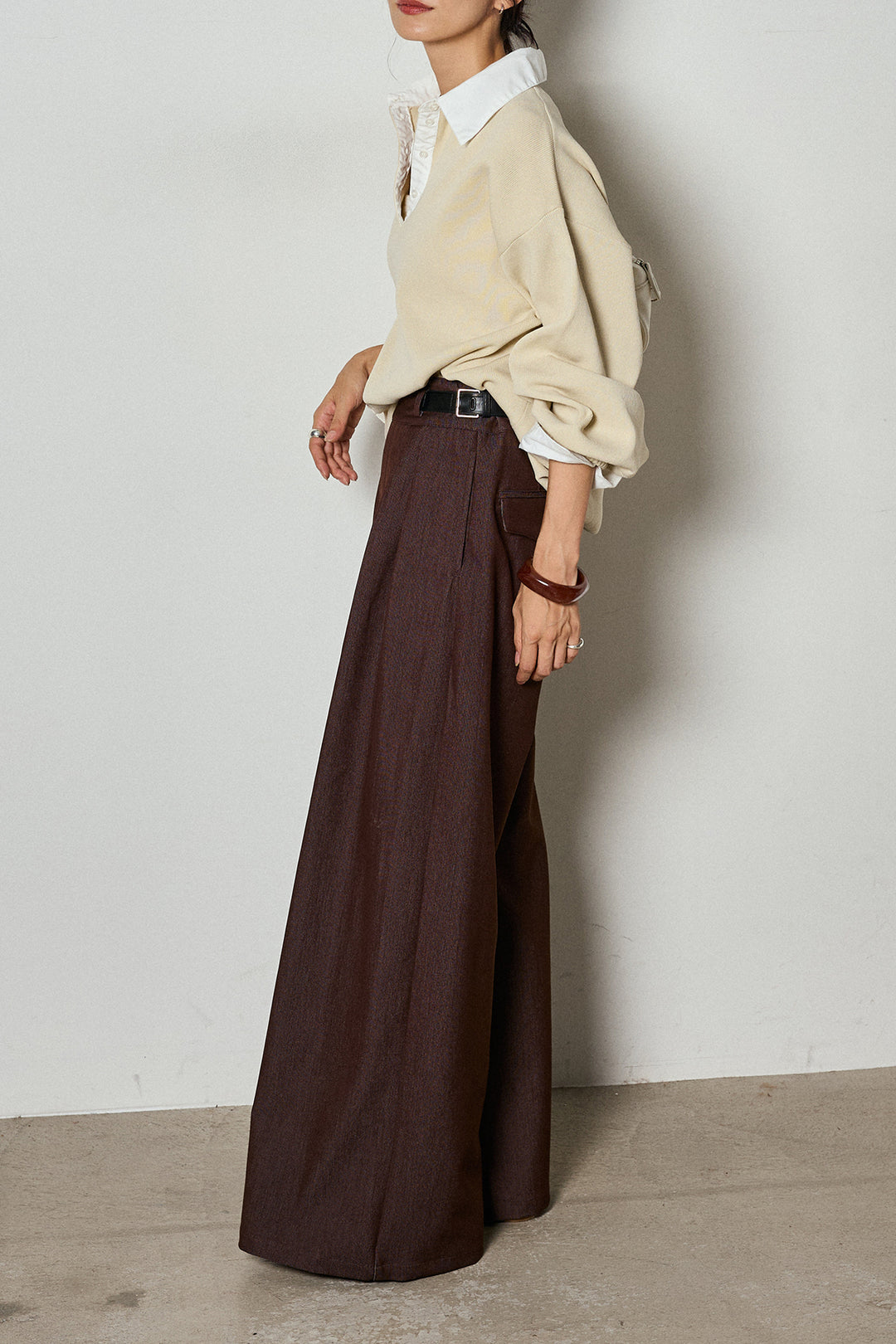 【即納】ウエストベルト付きタックワイドパンツ