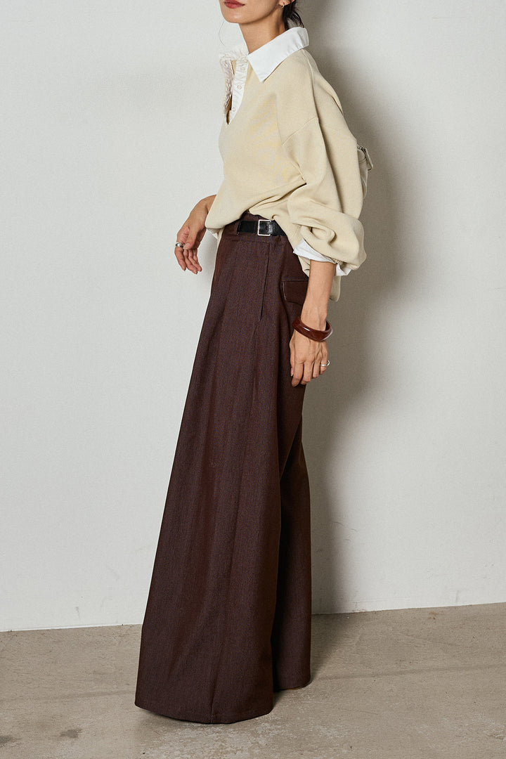 【即納】ウエストベルト付きタックワイドパンツ