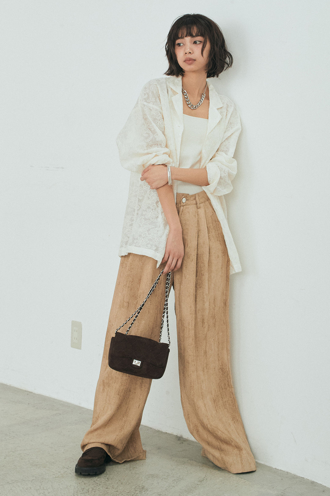 [SET]刺繍シアーオープンカラーシャツ+リネン混かすれ柄ワイドパンツ(2set)