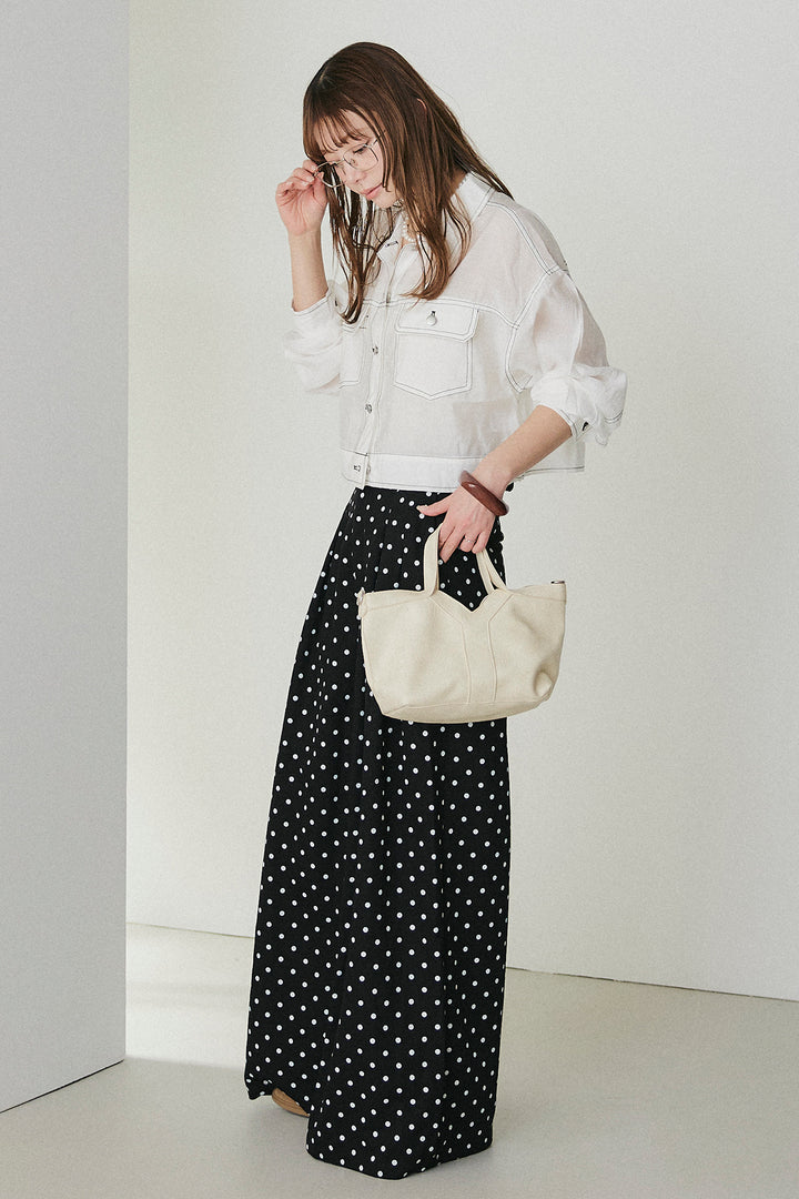 [SET]配色ステッチシアーシャツ+ベルト付きドット柄ワイドパンツ(2set)