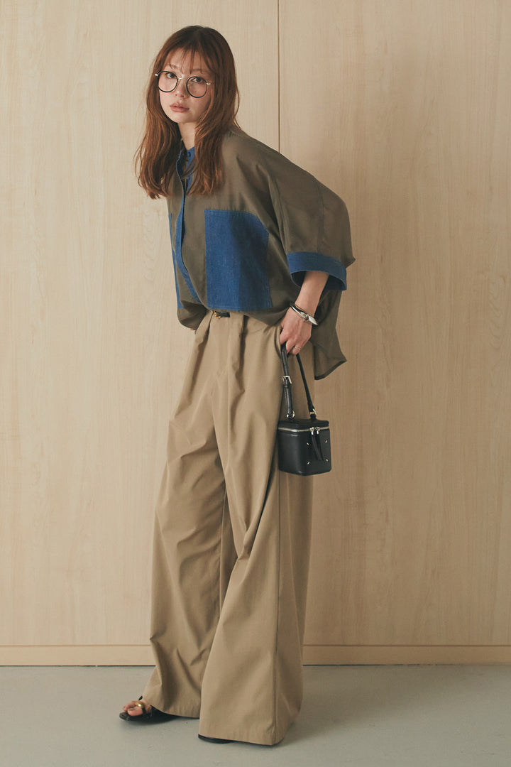 [SET]デニムライクビッグツーポケシアーシャツ+ベルトループデザインハイウエストタックパンツ(2set)