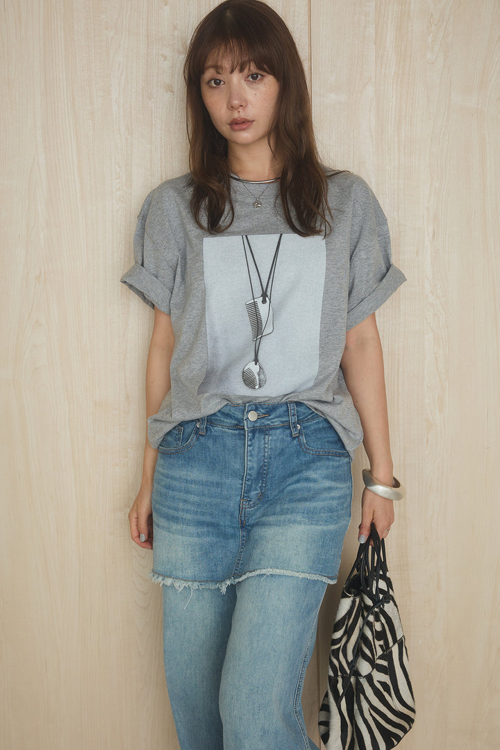 [SET]フロントモチーフプリントビッグTシャツ+スカートドッキングデニム(2set)