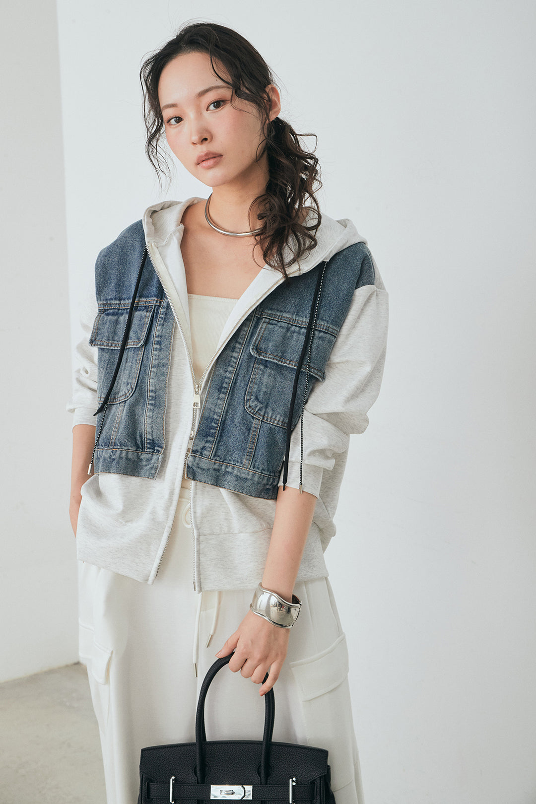 [SET]デニム切替ポンチダブルジップパーカー+リラックススウェットスカート(2set)