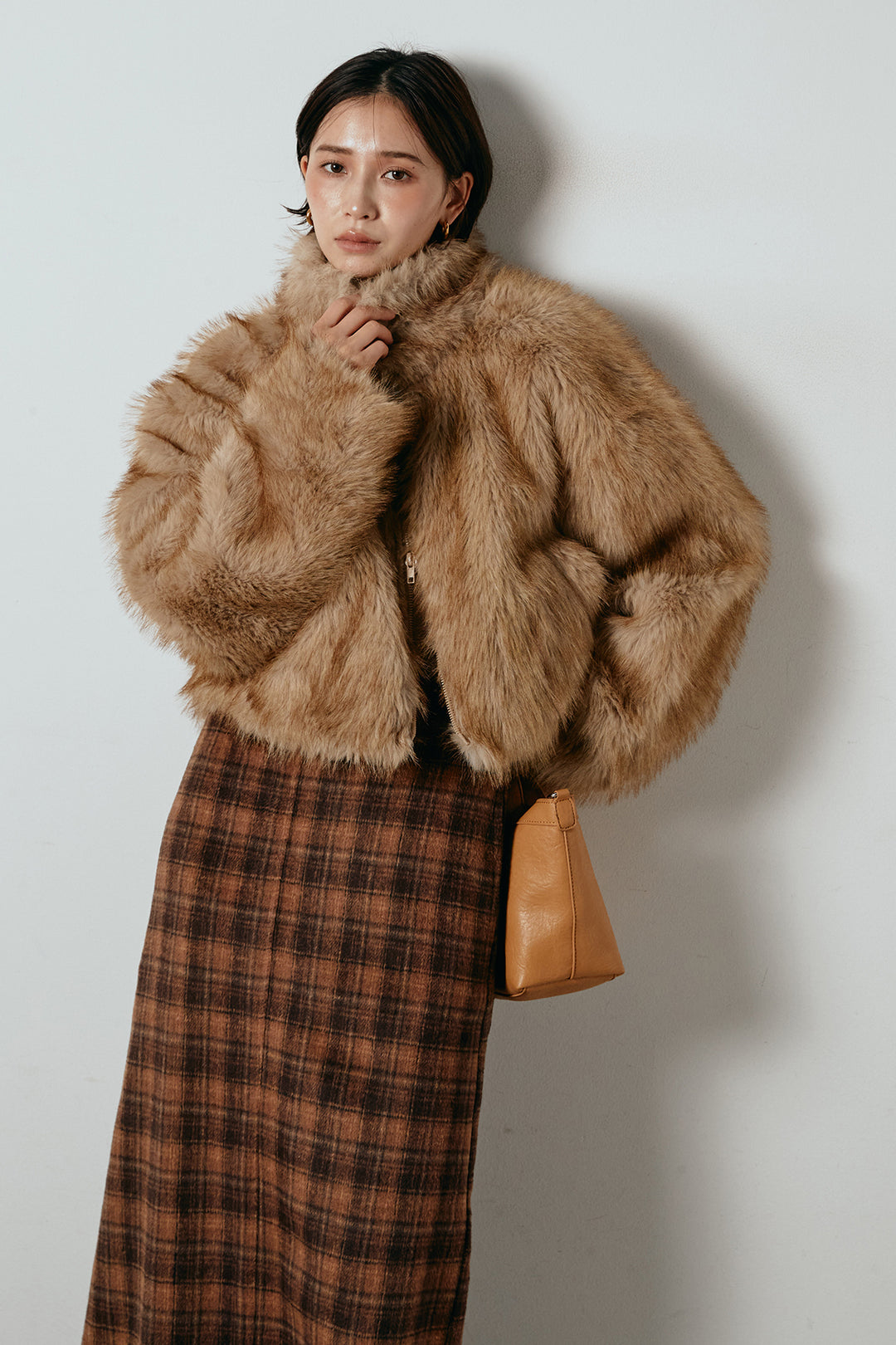 [SET]エコファーショート丈ブルゾン+シャギーチェックストレートスカート(2set)