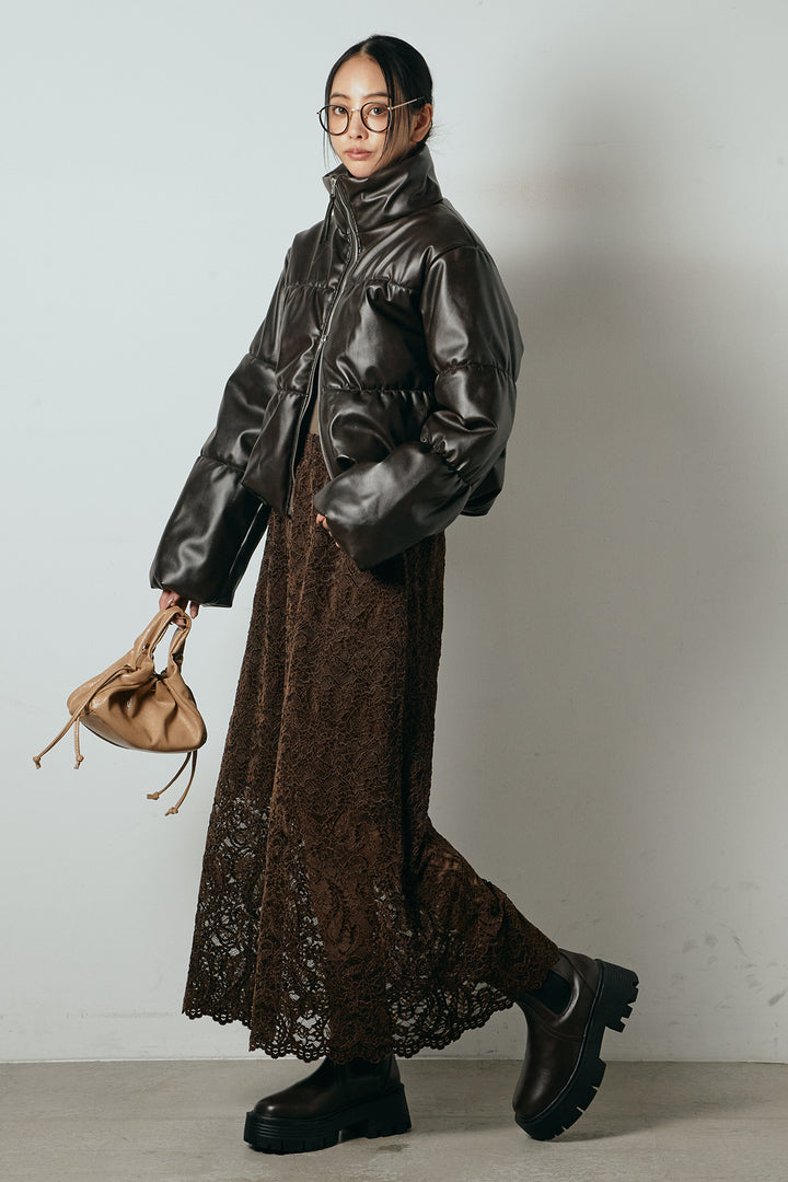 [SET]レザーライクWジップスタンドカラー中綿ブルゾン+総レース刺繍スカート(2set)