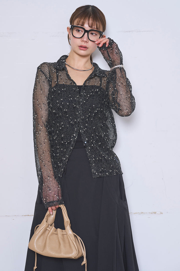 [SET]ネップメッシュポロ襟カーディガン+ラップレイヤードアシンメトリーデザインスカート(2set)