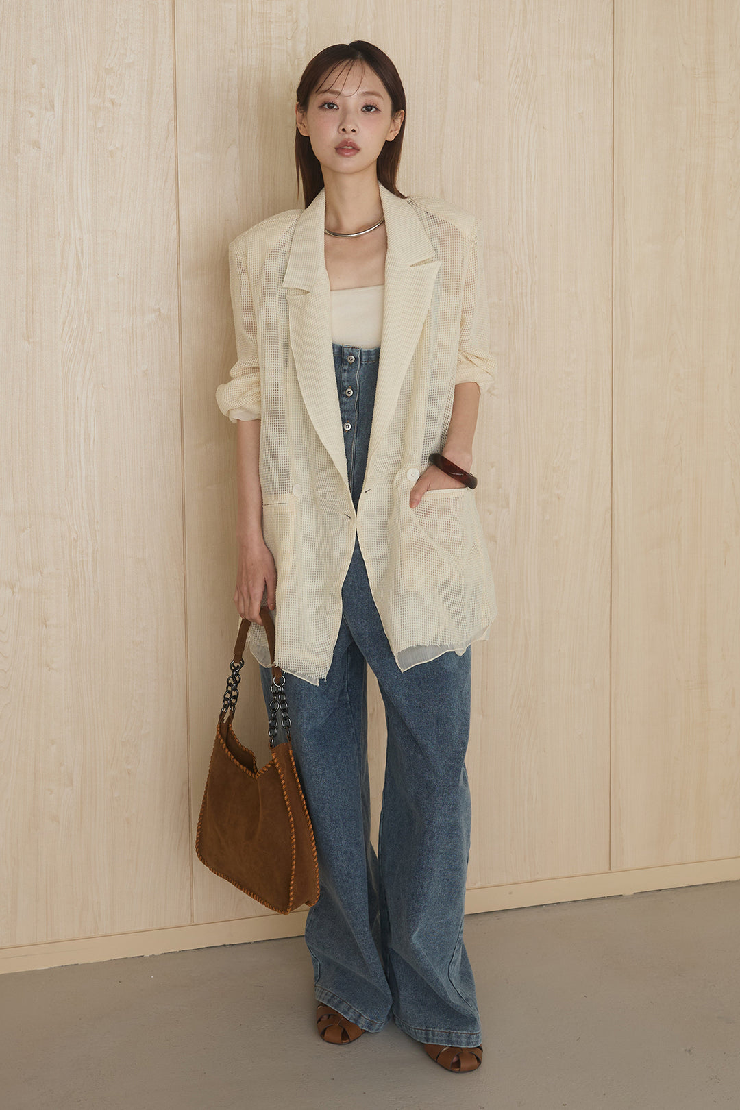 [SET]メッシュテーラードワイドジャケット+フロントボタンデニムサロペット(2set)